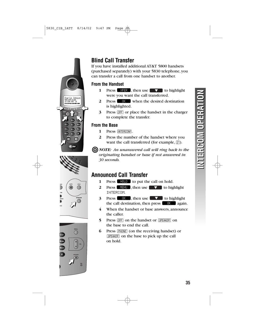 GN Netcom 5830 Intercom Operation, Blind Call Transfer, Announced Call Transfer, From the Handset, From the Base 