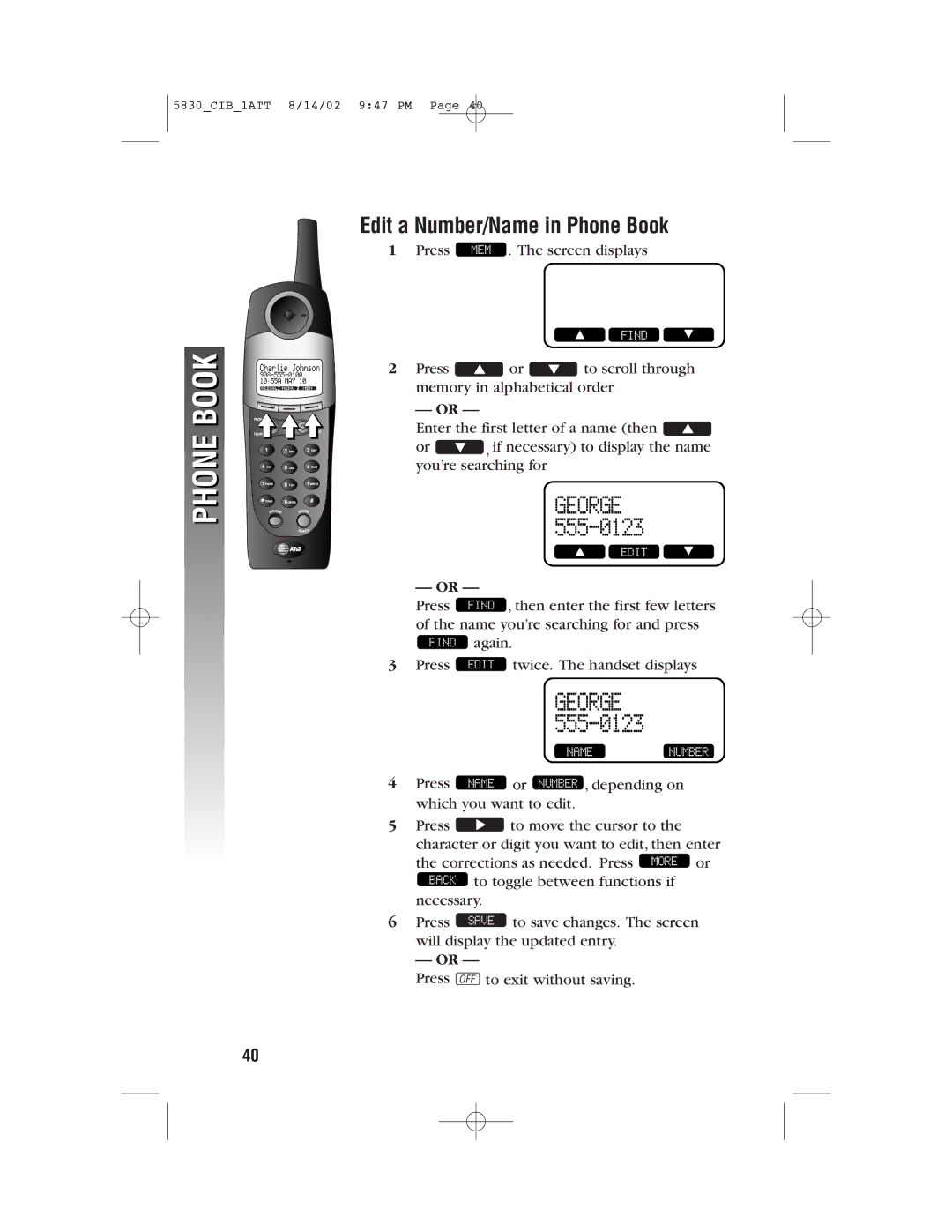 GN Netcom 5830 user manual Edit a Number/Name in Phone Book 