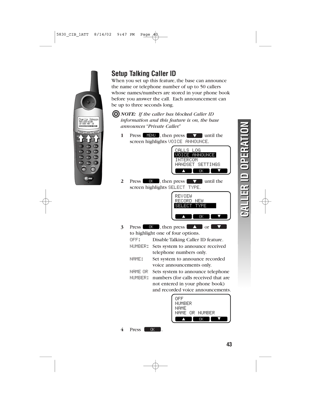 GN Netcom 5830 user manual ID Operation, Setup Talking Caller ID 