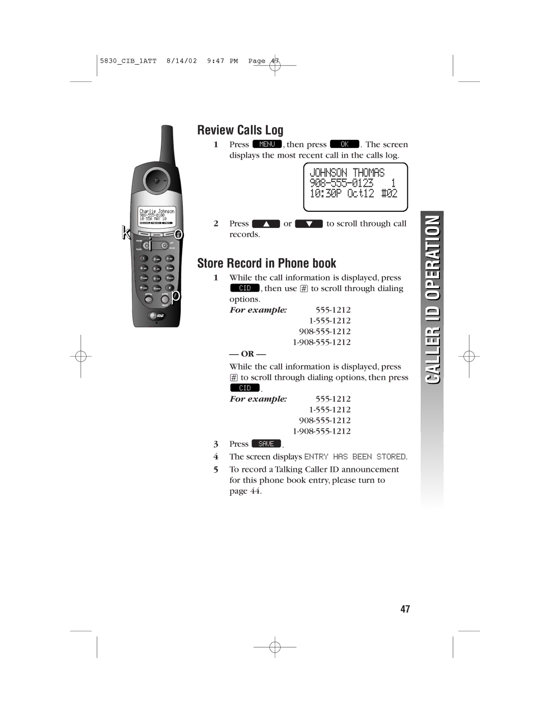 GN Netcom 5830 user manual Review Calls Log, Store Record in Phone book 