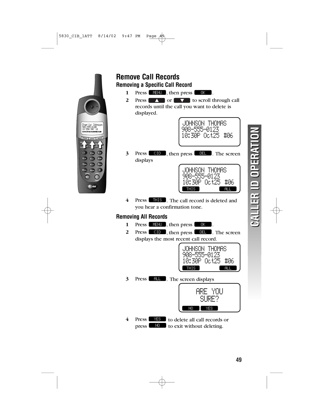 GN Netcom 5830 user manual Remove Call Records, Removing a Specific Call Record, Removing All Records 