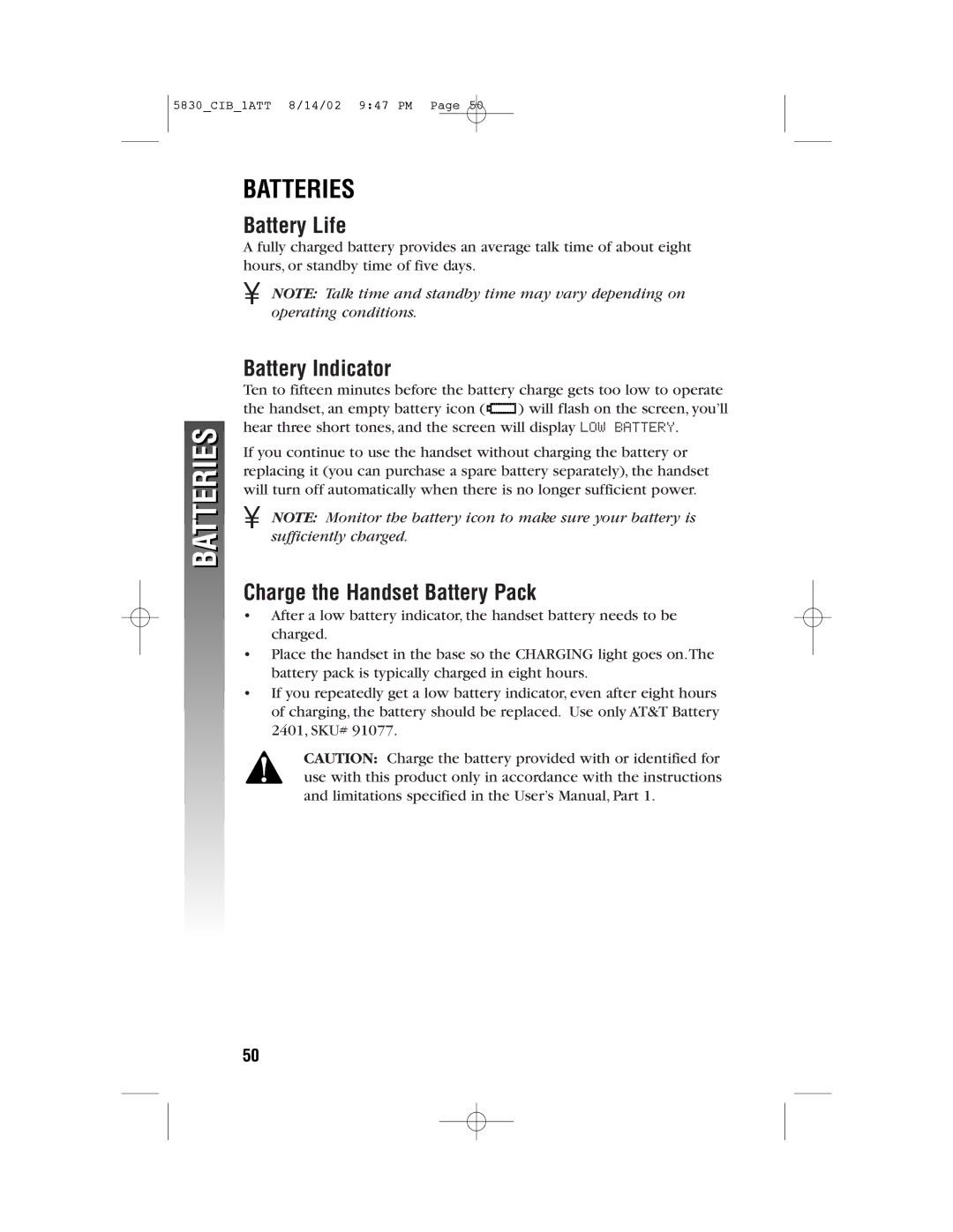 GN Netcom 5830 user manual Batteries, Battery Life, Battery Indicator, Charge the Handset Battery Pack 