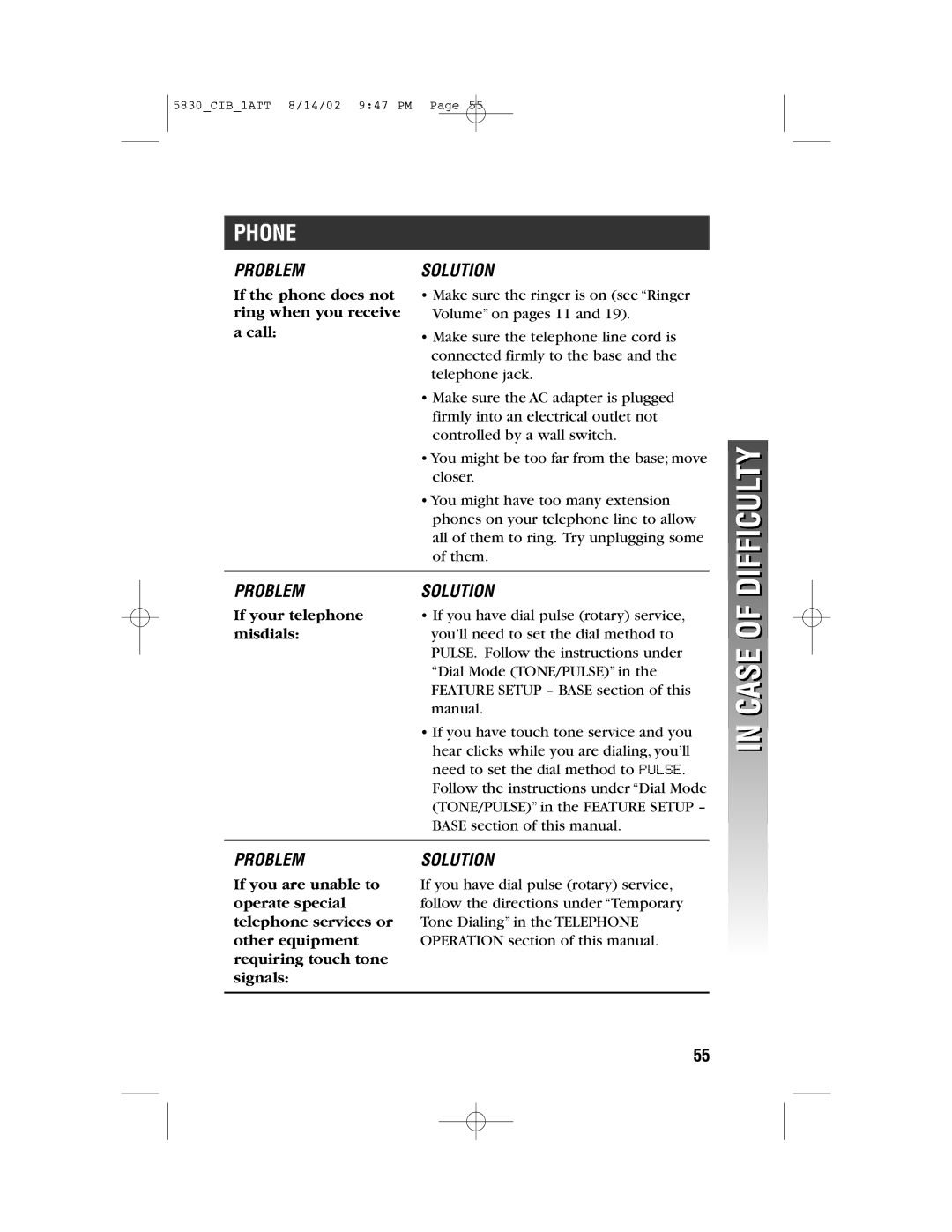 GN Netcom 5830 user manual Difficulty, Problem Solution 