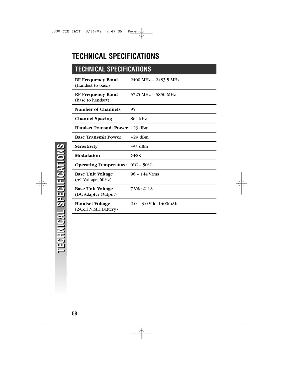 GN Netcom 5830 user manual Technical Specifications 