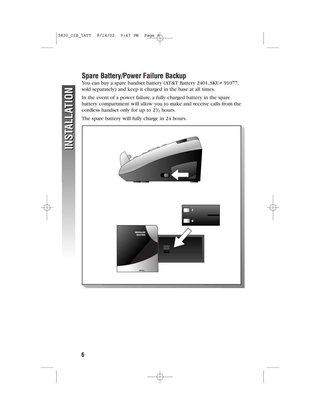 GN Netcom 5830 user manual Installation, Spare Battery/Power Failure Backup 