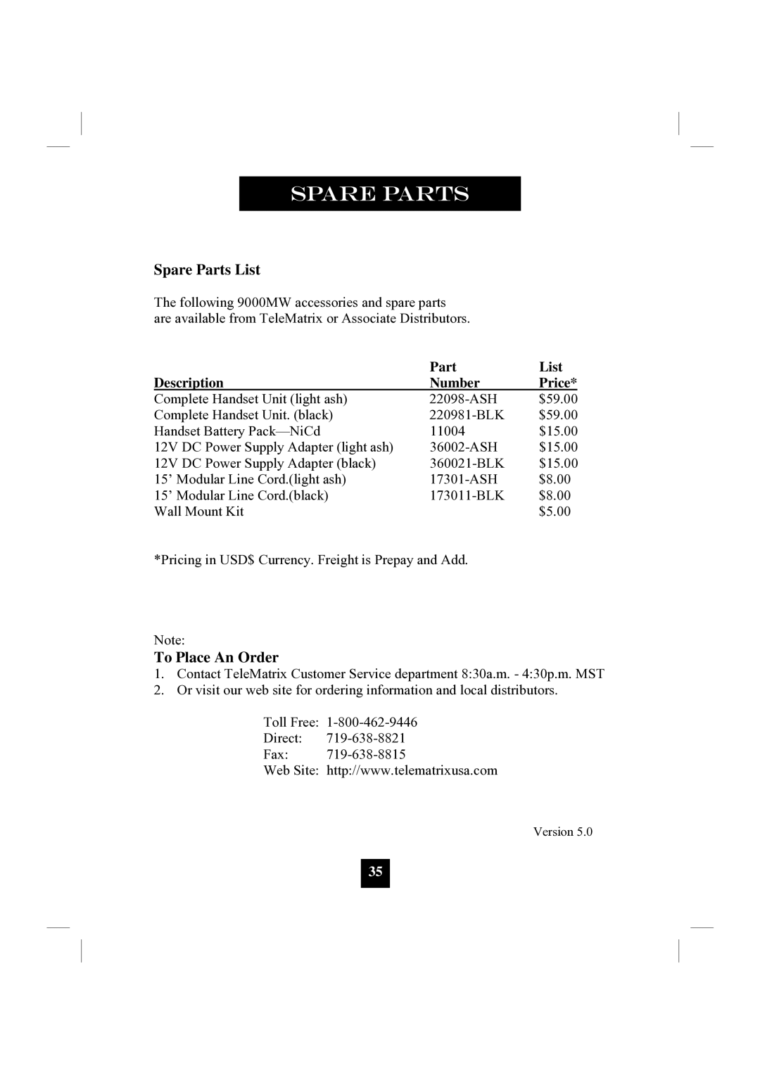 GN Netcom 9000MWD manual Spare Parts List, To Place An Order 