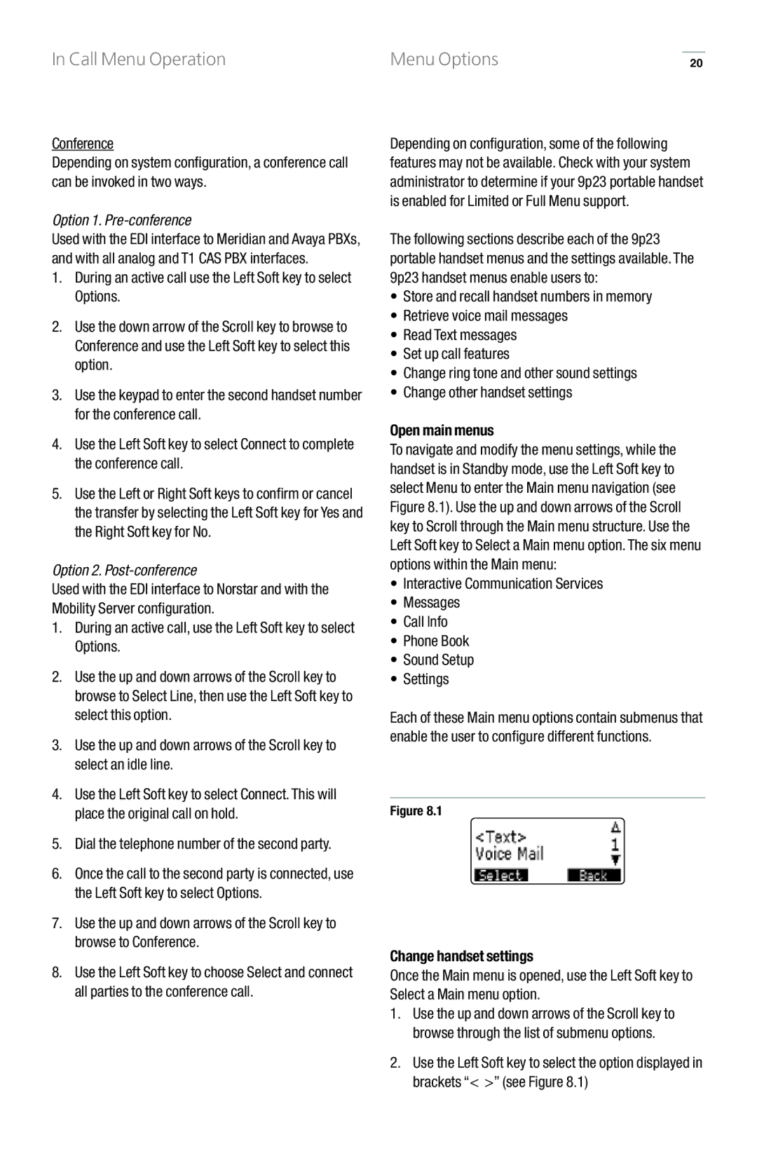 GN Netcom 9p23 manual Call Menu Operation Menu Options, Option 1. Pre-conference, Option 2. Post-conference 