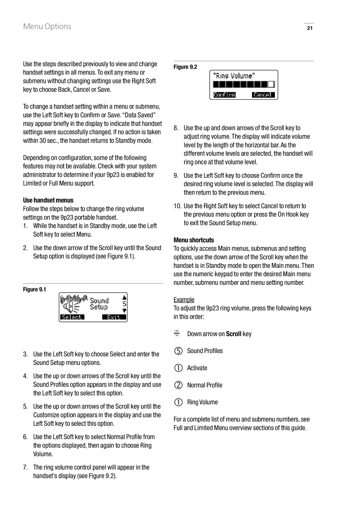 GN Netcom 9p23 manual Use handset menus, Menu shortcuts 