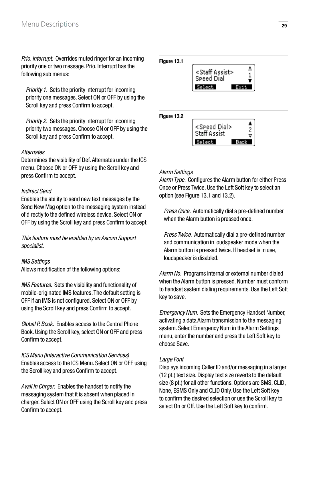 GN Netcom 9p23 manual Alternates, Indirect Send, Allows modification of the following options, Alarm Settings, Large Font 