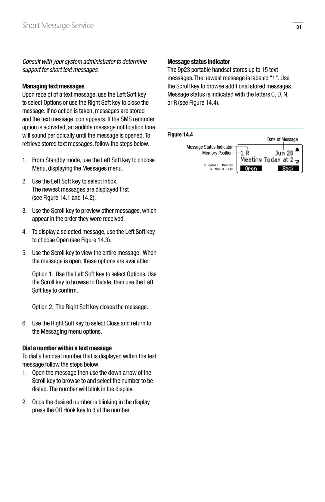 GN Netcom 9p23 manual Short Message Service, Managing text messages, Dial a number within a text message 