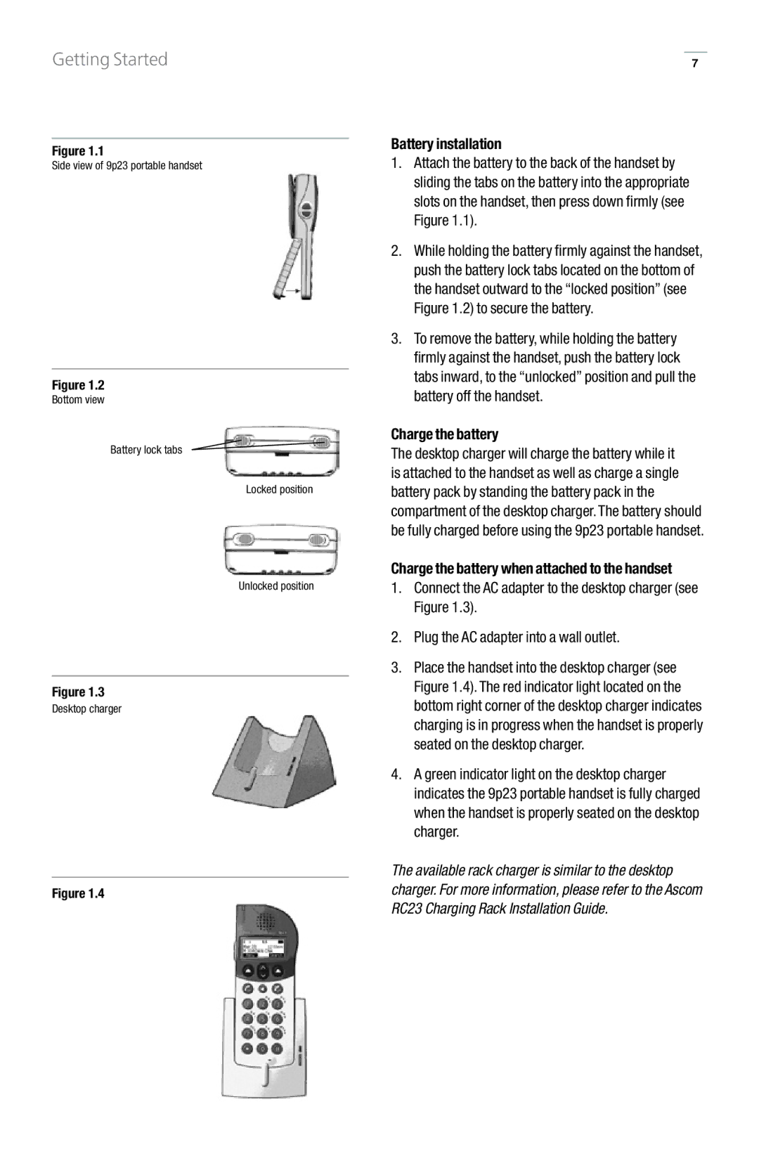 GN Netcom 9p23 manual Getting Started, Battery installation, Charge the battery 