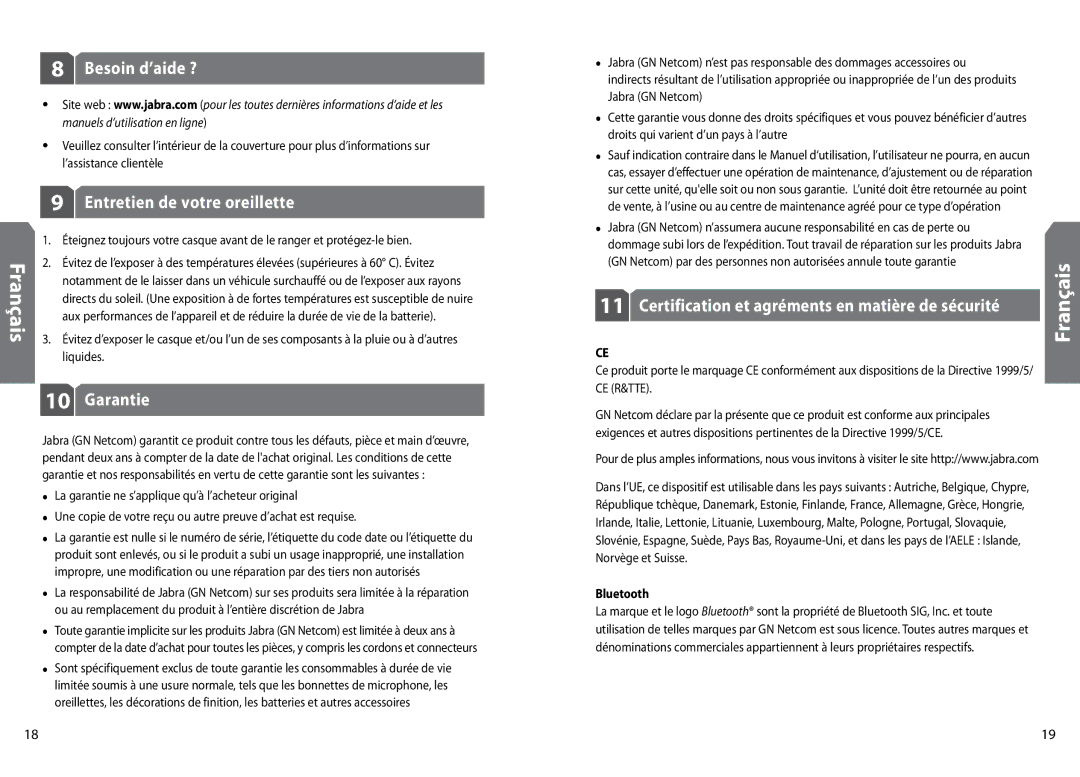 GN Netcom BT160 user manual Besoin d’aide ?, Entretien de votre oreillette, Garantie 