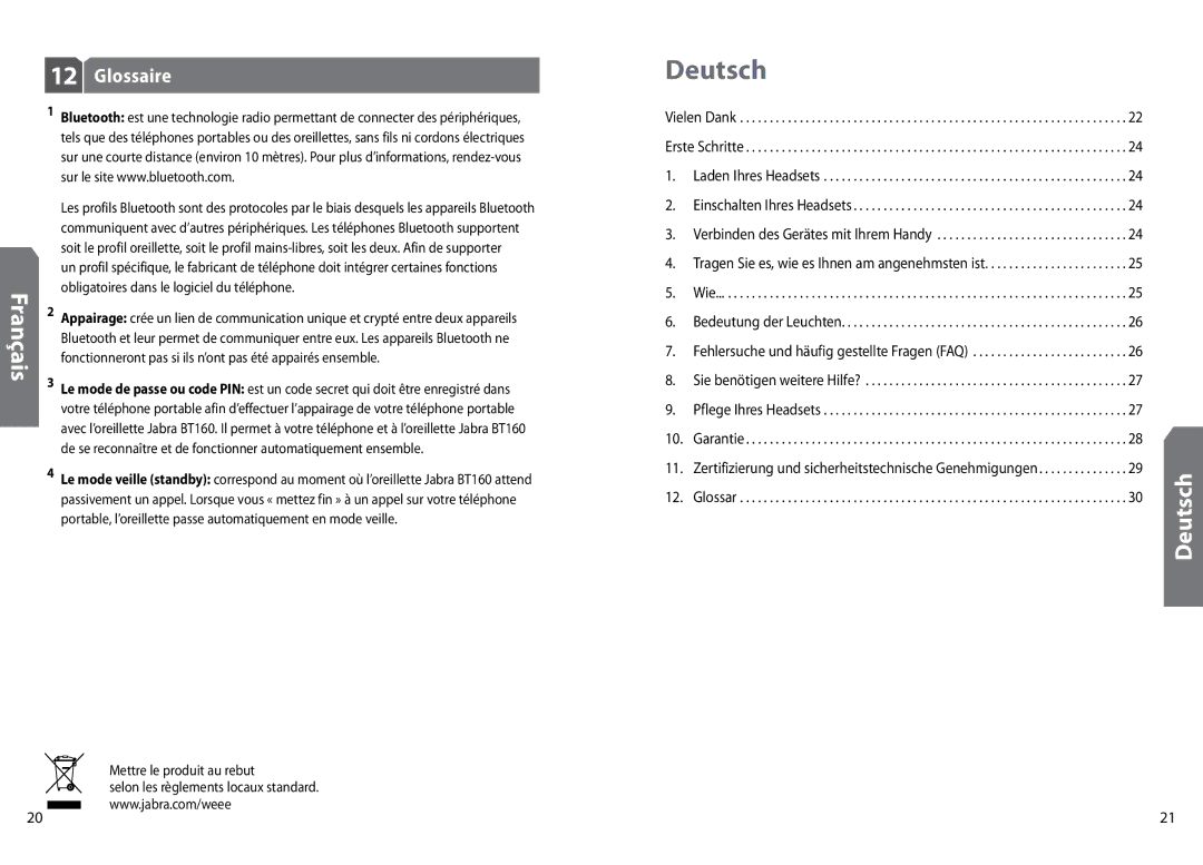 GN Netcom BT160 user manual Deutsch, Glossaire, Mettre le produit au rebut, Selon les règlements locaux standard 