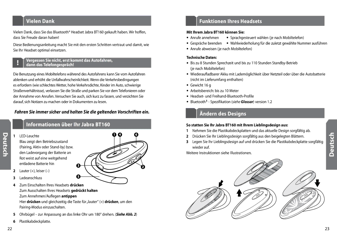 GN Netcom Vielen Dank, Informationen über Ihr Jabra BT160, Funktionen Ihres Headsets, Ändern des Designs, Ladeanschluss 