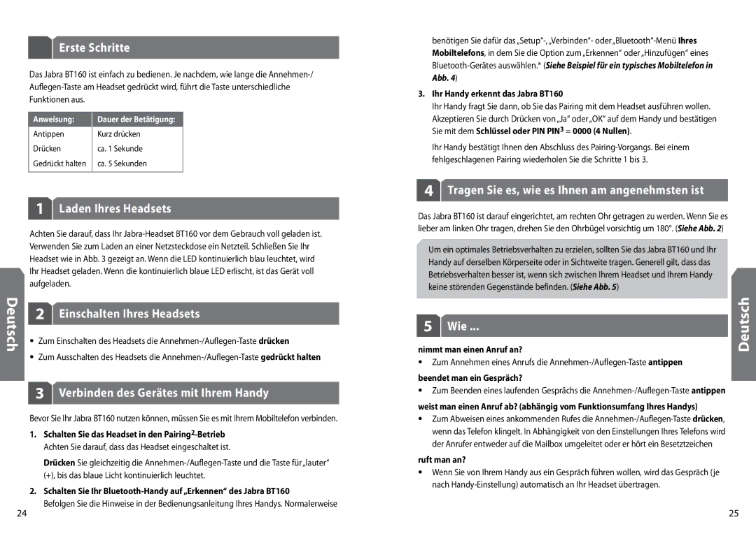 GN Netcom BT160 Erste Schritte, Laden Ihres Headsets, Einschalten Ihres Headsets, Verbinden des Gerätes mit Ihrem Handy 