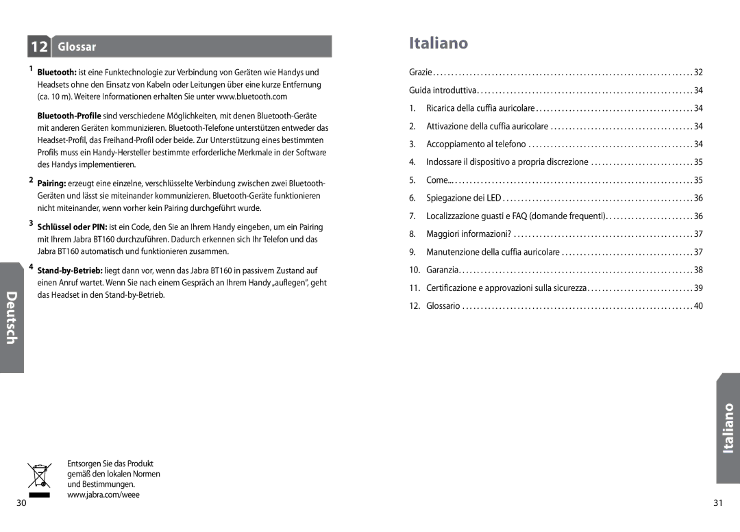 GN Netcom BT160 user manual Italiano, Glossar 