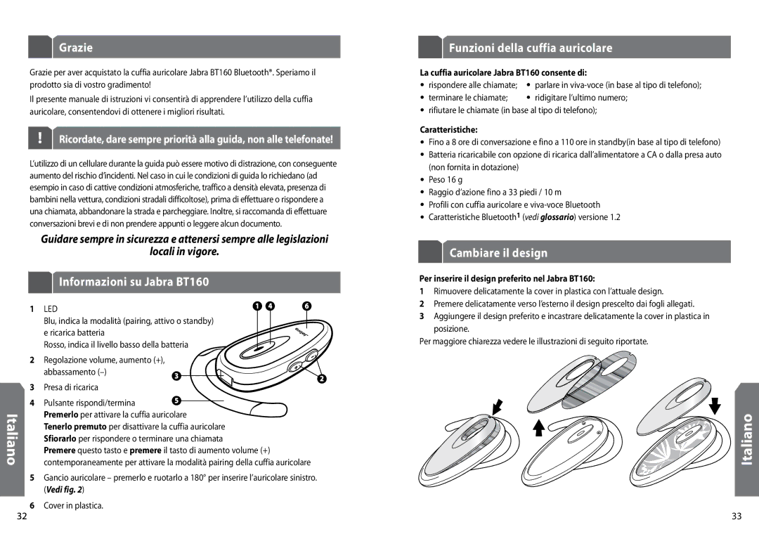 GN Netcom user manual Grazie, Informazioni su Jabra BT160, Funzioni della cuffia auricolare, Cambiare il design 