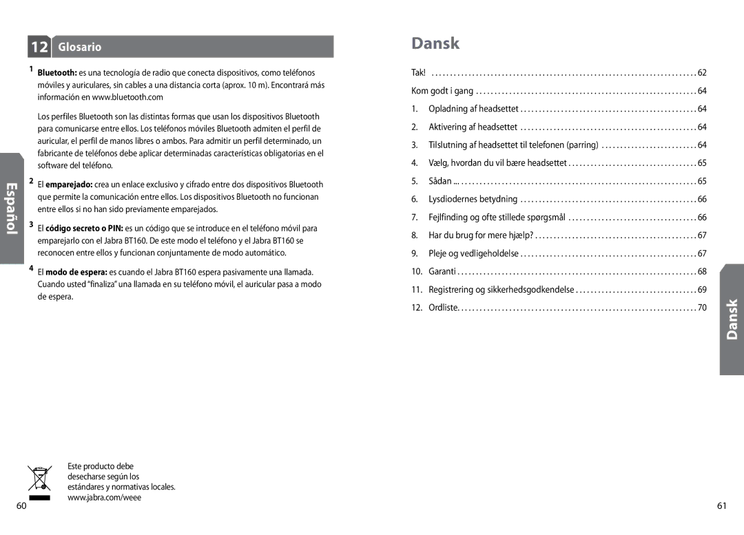 GN Netcom BT160 user manual Dansk, Glosario 