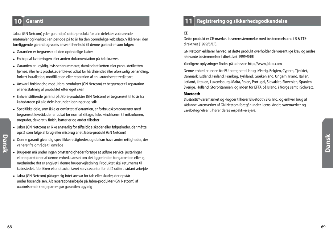 GN Netcom BT160 user manual Garanti, Registrering og sikkerhedsgodkendelse 