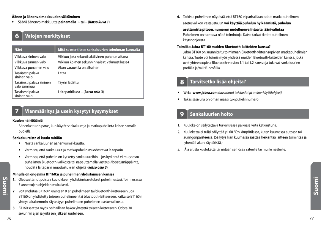 GN Netcom BT160 user manual Valojen merkitykset, Vianmääritys ja usein kysytyt kysymykset, Tarvitsetko lisää ohjeita?, Näet 