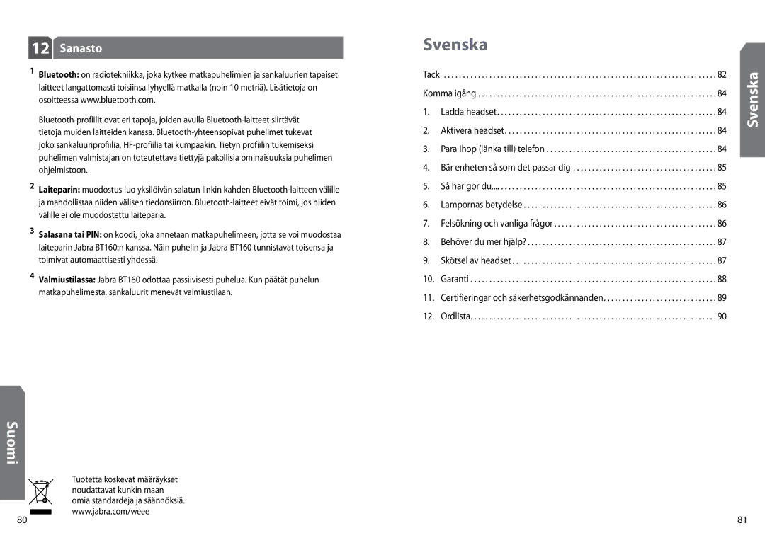 GN Netcom BT160 user manual Svenska Suomi, Sanasto 