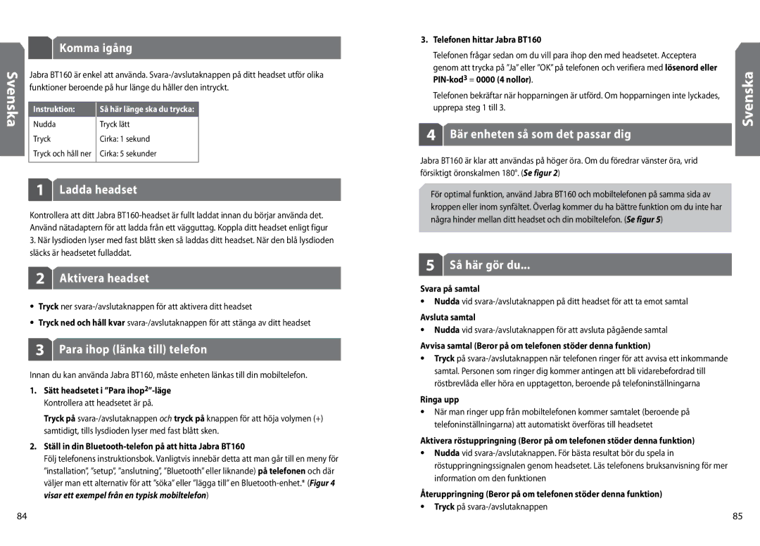 GN Netcom BT160 user manual Komma igång, Ladda headset, Aktivera headset, Para ihop länka till telefon, Så här gör du 