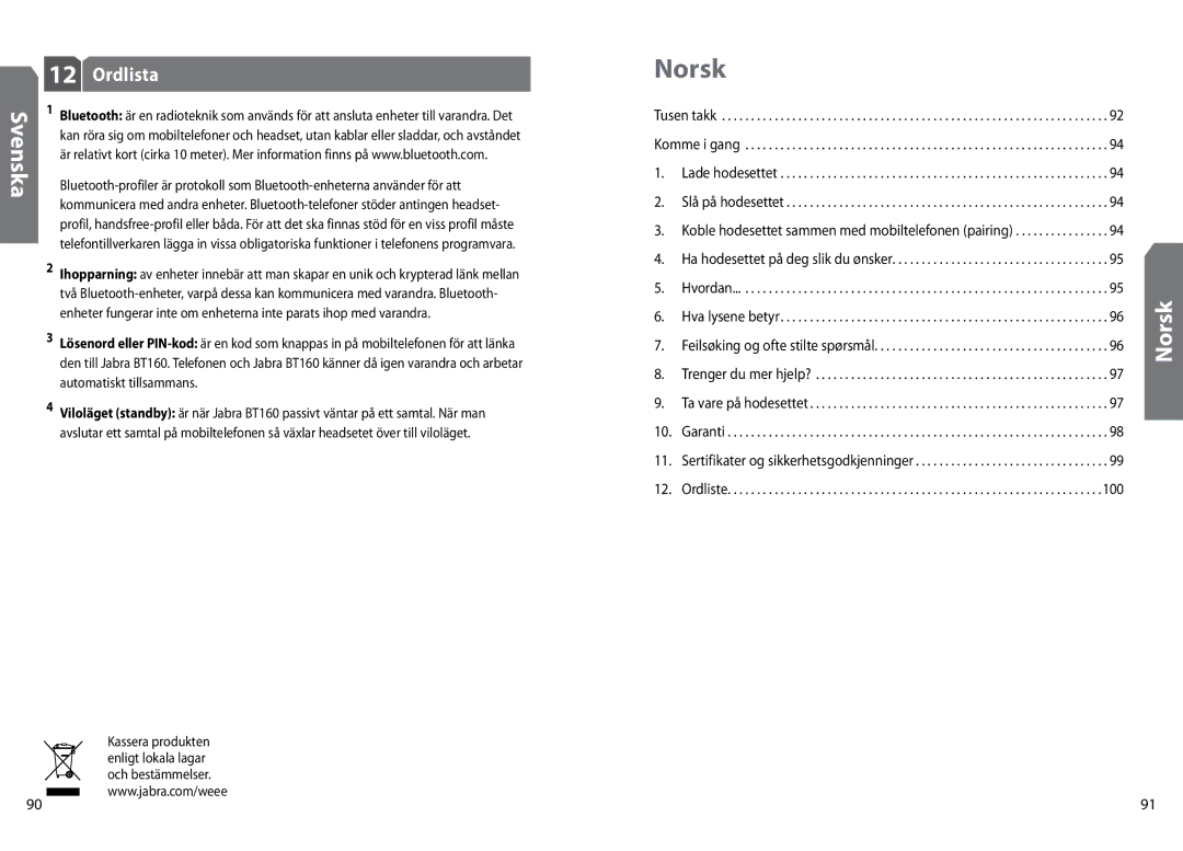 GN Netcom BT160 user manual Norsk, Ordlista 