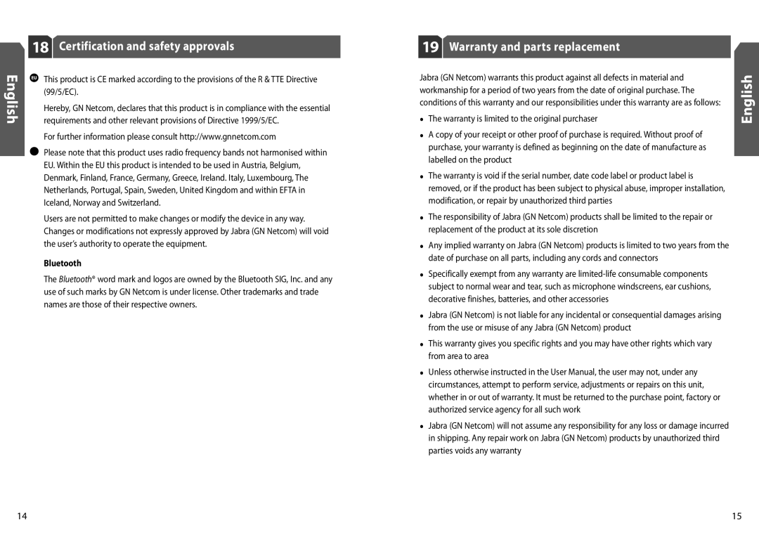 GN Netcom BT250v user manual Certification and safety approvals, Warranty and parts replacement, Bluetooth 