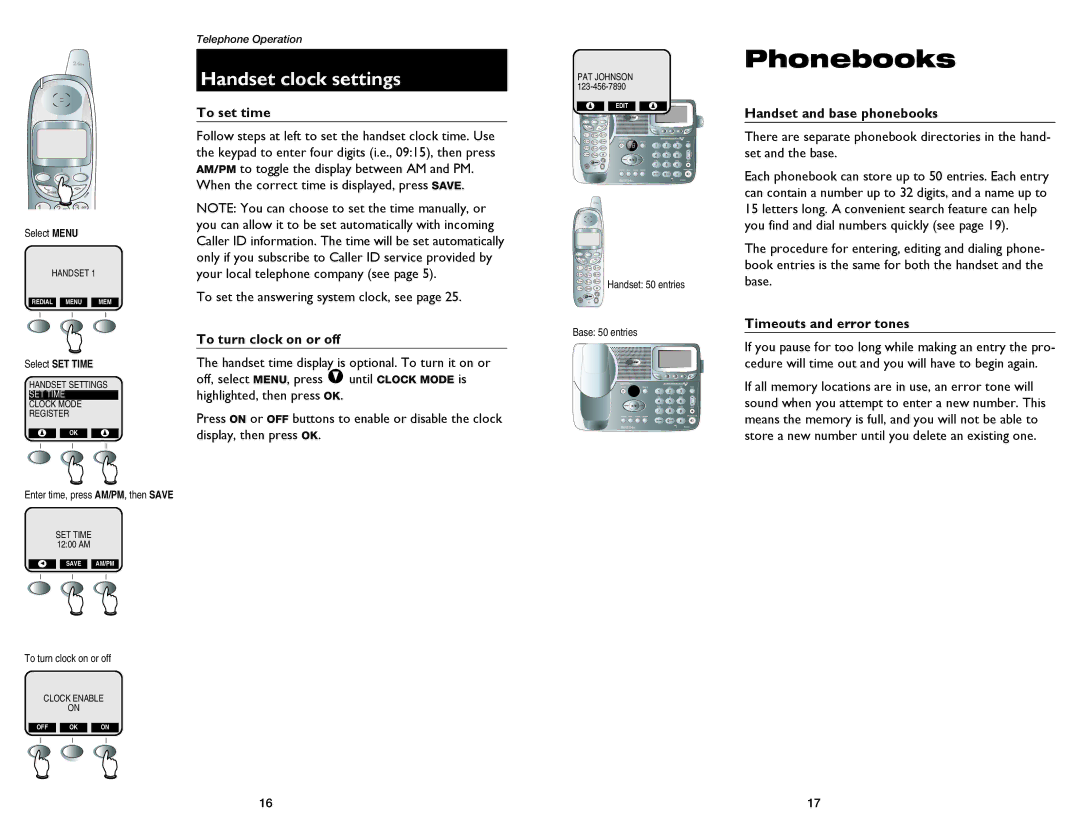 GN Netcom E2555 user manual Handset clock settings, To set time, To turn clock on or off, Handset and base phonebooks 