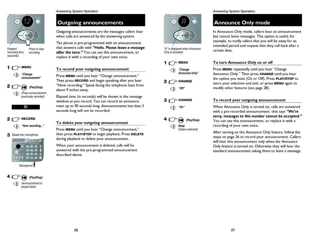 GN Netcom E2555 user manual Outgoing announcements, Announce Only mode, To record your outgoing announcement 