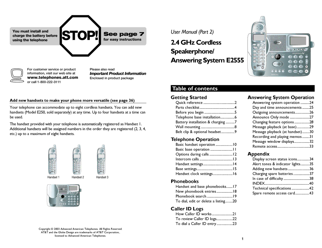 GN Netcom user manual GHz Cordless Speakerphone Answering System E2555, Table of contents 