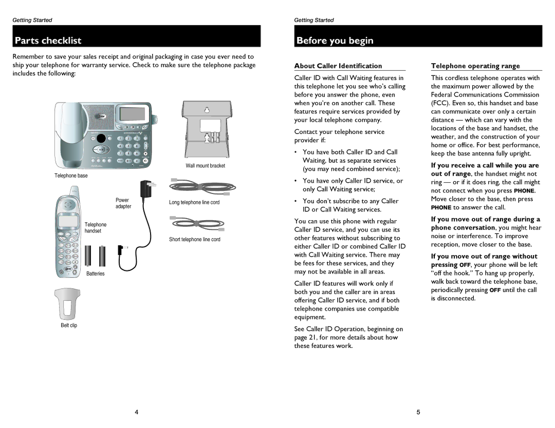 GN Netcom E2555 user manual Parts checklist, Before you begin, About Caller Identification, Telephone operating range 