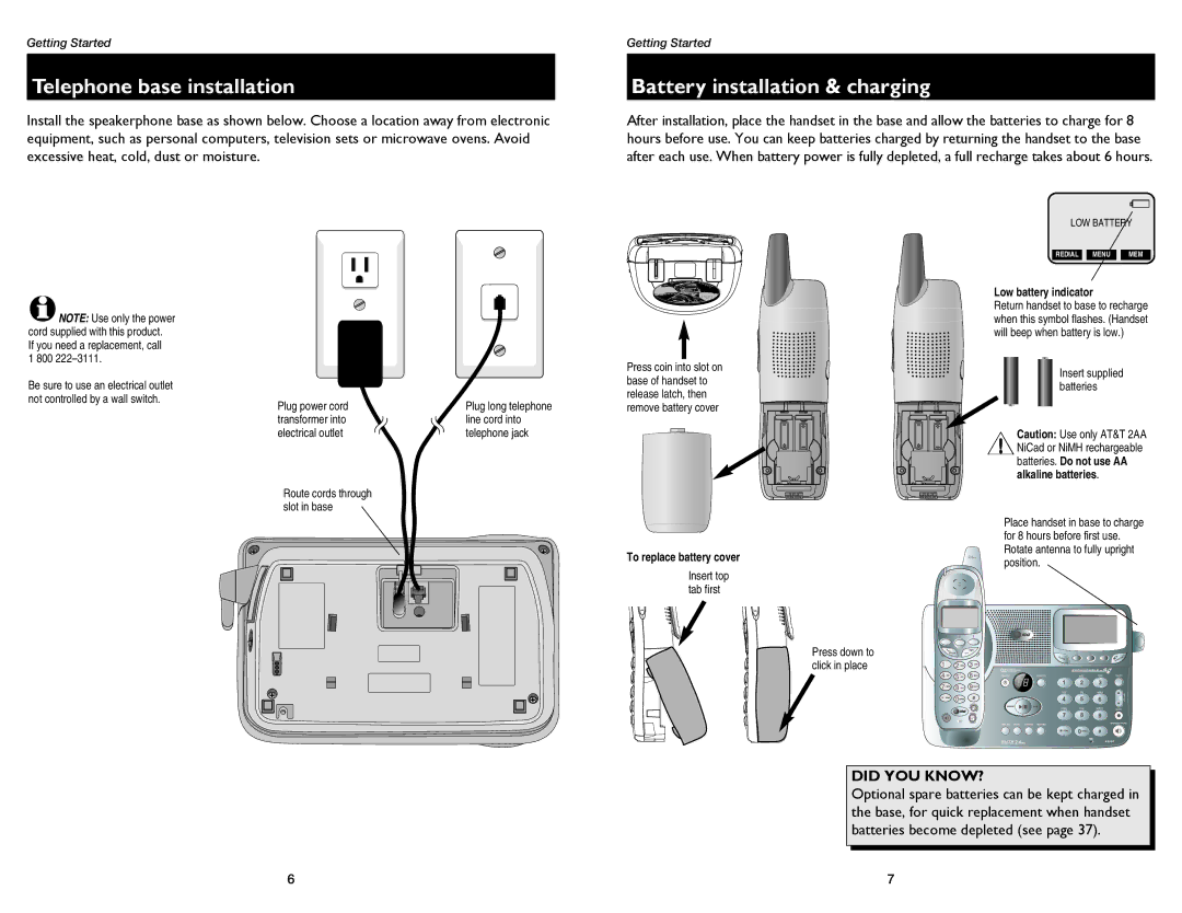 GN Netcom E2555 user manual Telephone base installation, Battery installation & charging 