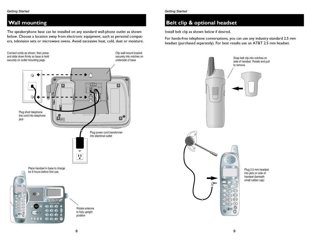 GN Netcom E2555 user manual Wall mounting, Belt clip & optional headset 