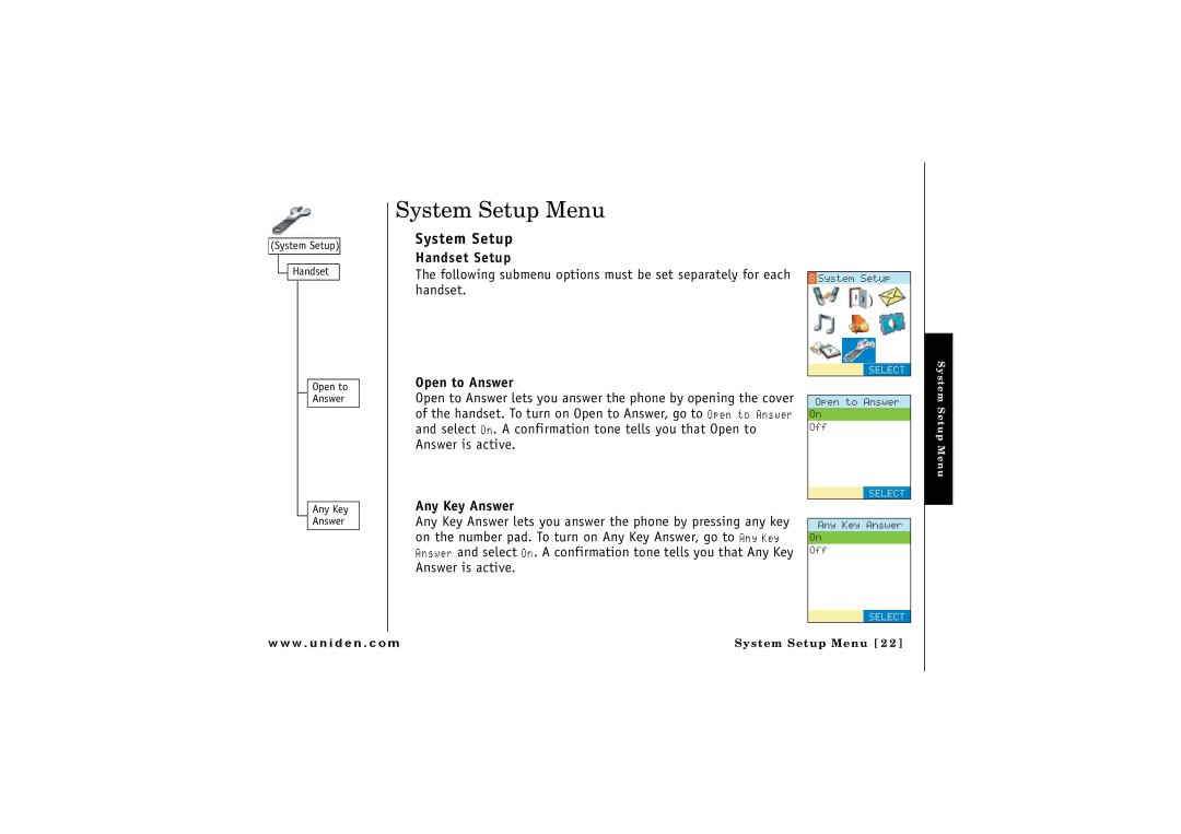 GN Netcom ELT 560 owner manual System Setup Menu, Handset Setup, Open to Answer, Any Key Answer 