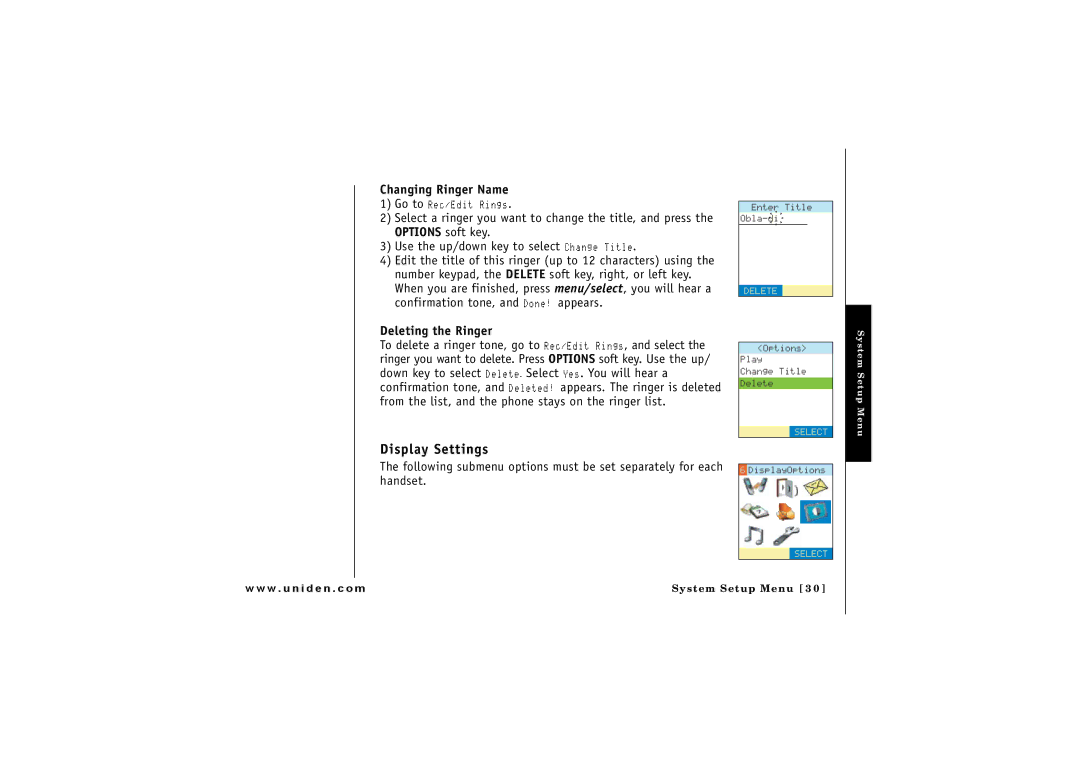 GN Netcom ELT 560 owner manual Display Settings, Changing Ringer Name, Deleting the Ringer 