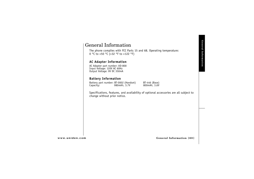 GN Netcom ELT 560 owner manual General Information, AC Adapter Information, Battery Information 