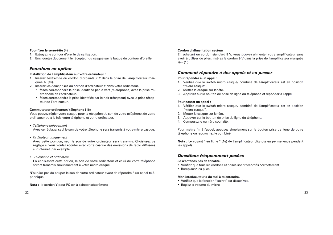 GN Netcom GN 4150 manual Fonctions en option, Comment répondre à des appels et en passer, Questions fréquemment posées 