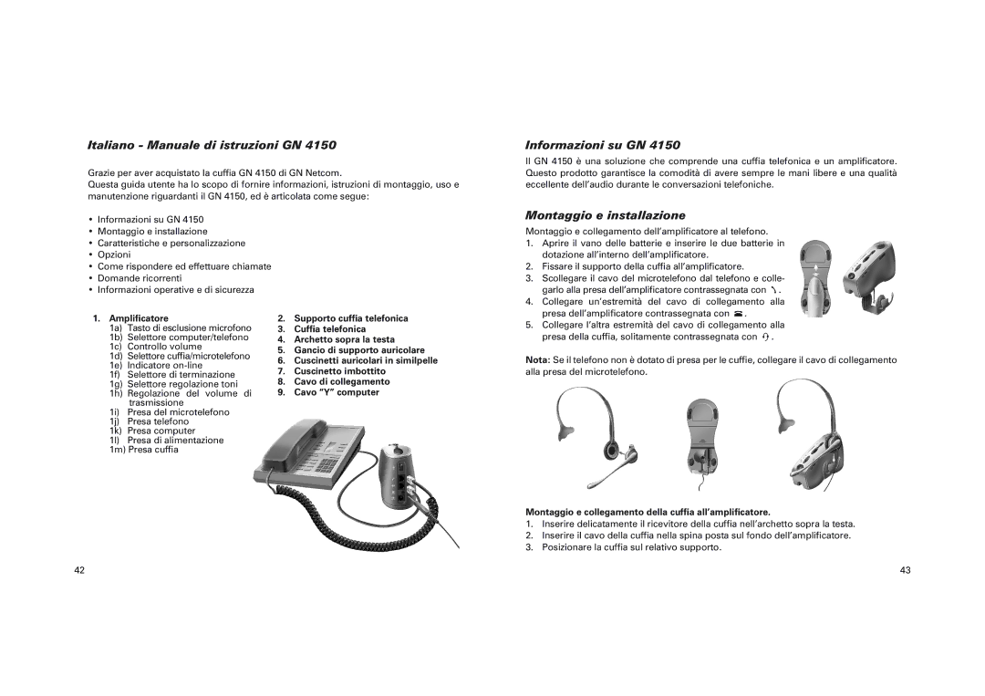 GN Netcom GN 4150 manual Italiano Manuale di istruzioni GN, Informazioni su GN, Montaggio e installazione, Ampliﬁcatore 