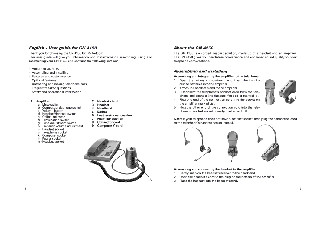 GN Netcom GN 4150 manual English User guide for GN, About the GN, Assembling and installing 