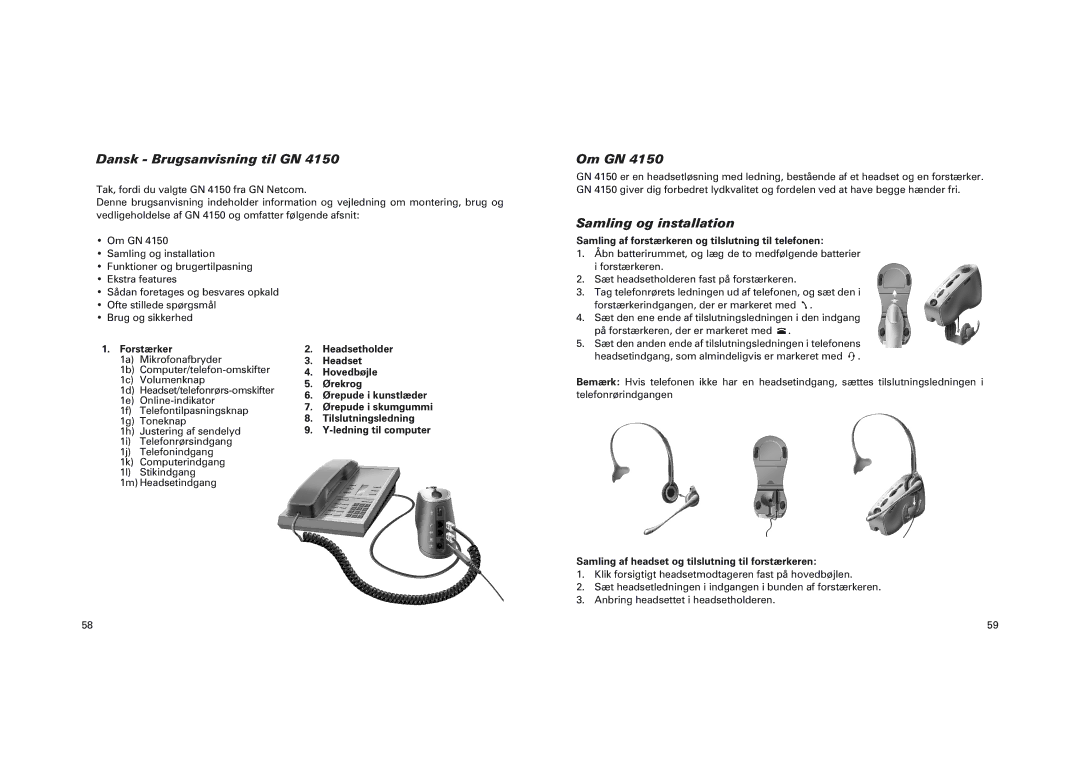 GN Netcom GN 4150 manual Dansk Brugsanvisning til GN, Om GN, Samling og installation, Forstærker 