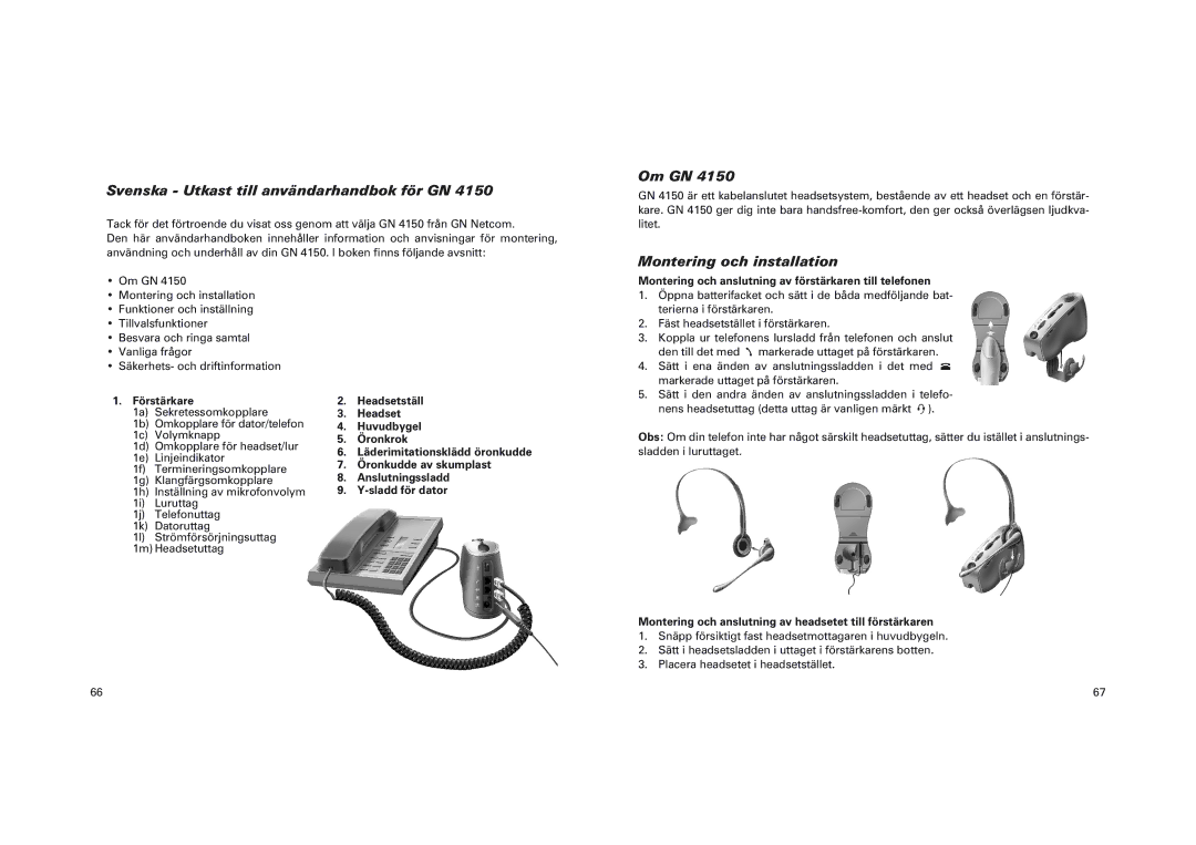 GN Netcom GN 4150 manual Svenska Utkast till användarhandbok för GN, Montering och installation, Förstärkare 