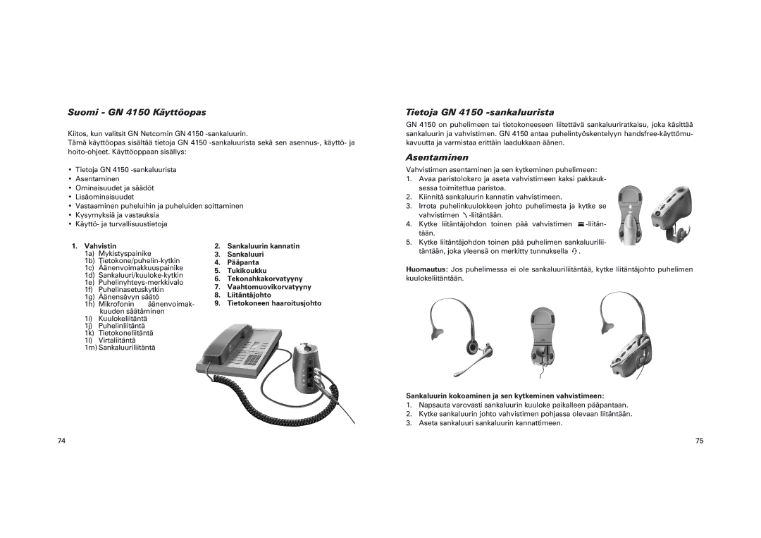 GN Netcom manual Suomi GN 4150 Käyttöopas, Tietoja GN 4150 -sankaluurista, Asentaminen 