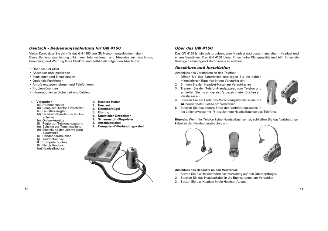 GN Netcom GN 4150 manual Deutsch Bedienungsanleitung für GN, Über das GN, Anschluss und Installation 