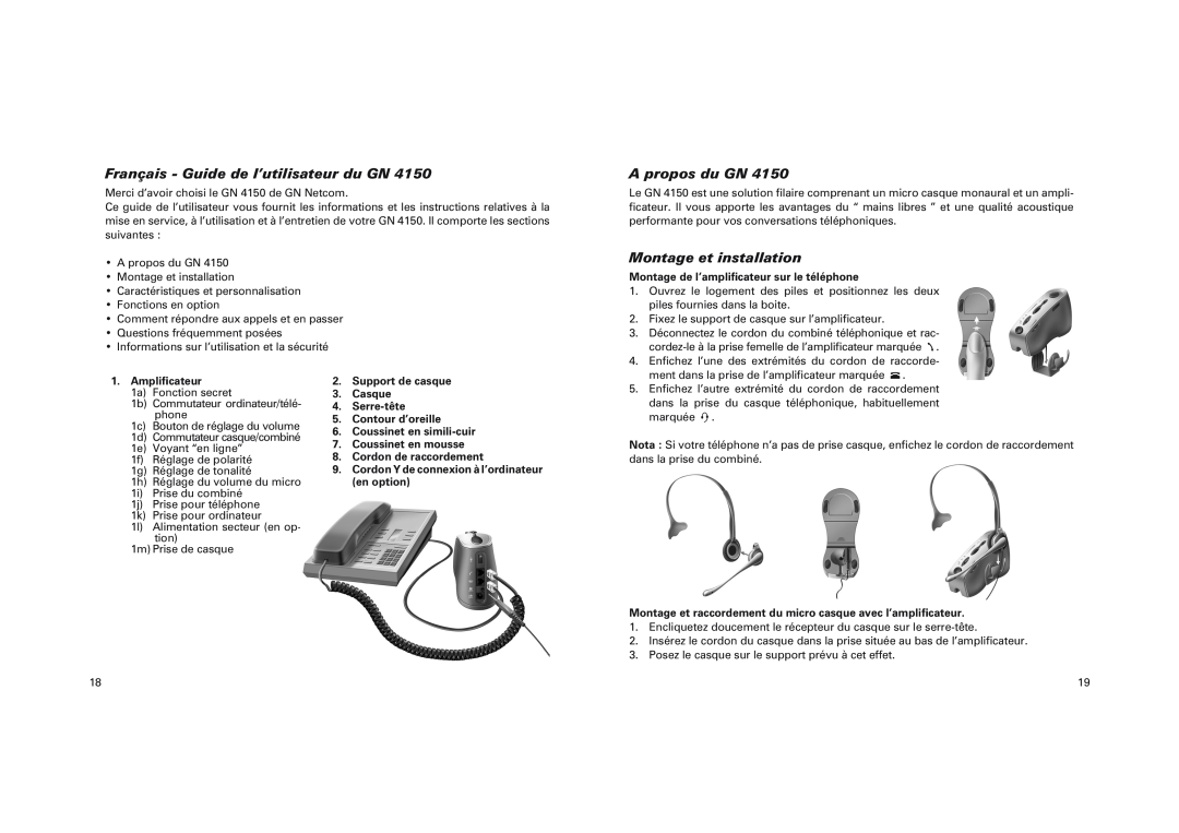 GN Netcom GN 4150 manual Français - Guide de l’utilisateur du GN, A propos du GN, Montage et installation, Ampliﬁcateur 