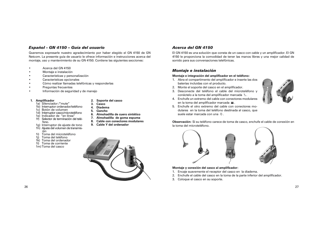 GN Netcom manual Español - GN 4150 - Guía del usuario, Acerca del GN, Montaje e instalación, Ampliﬁcador 