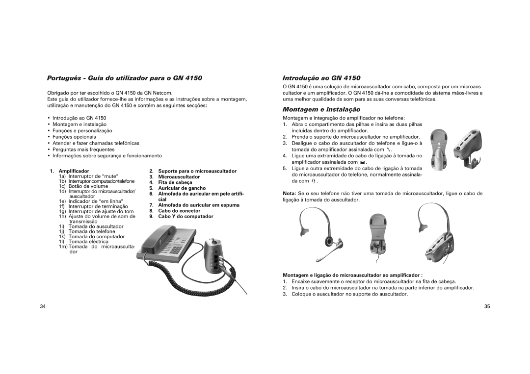 GN Netcom GN 4150 manual Português - Guia do utilizador para o GN, Introdução ao GN, Montagem e instalação, Ampliﬁcador 