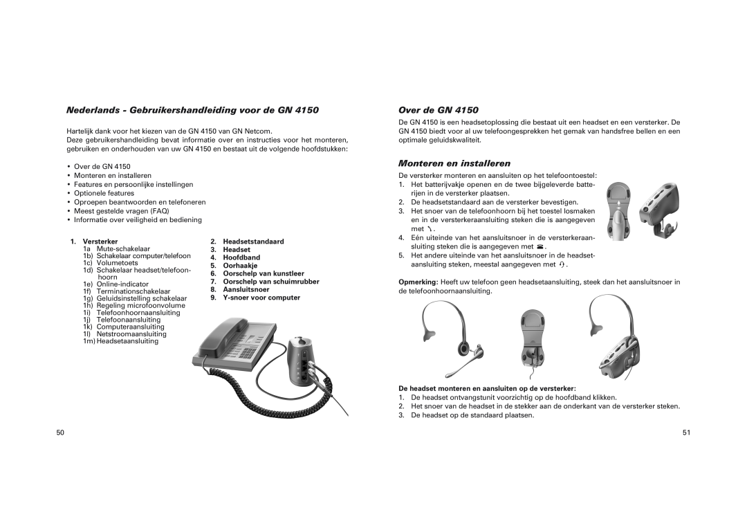 GN Netcom GN 4150 manual Nederlands - Gebruikershandleiding voor de GN, Over de GN, Monteren en installeren, Versterker 