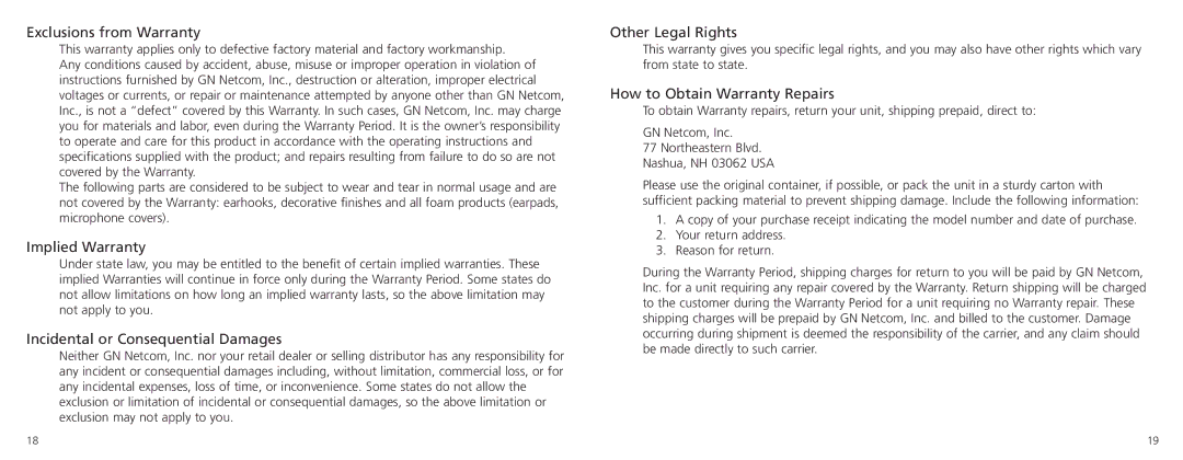 GN Netcom GN 4170 Exclusions from Warranty, Implied Warranty, Incidental or Consequential Damages, Other Legal Rights 