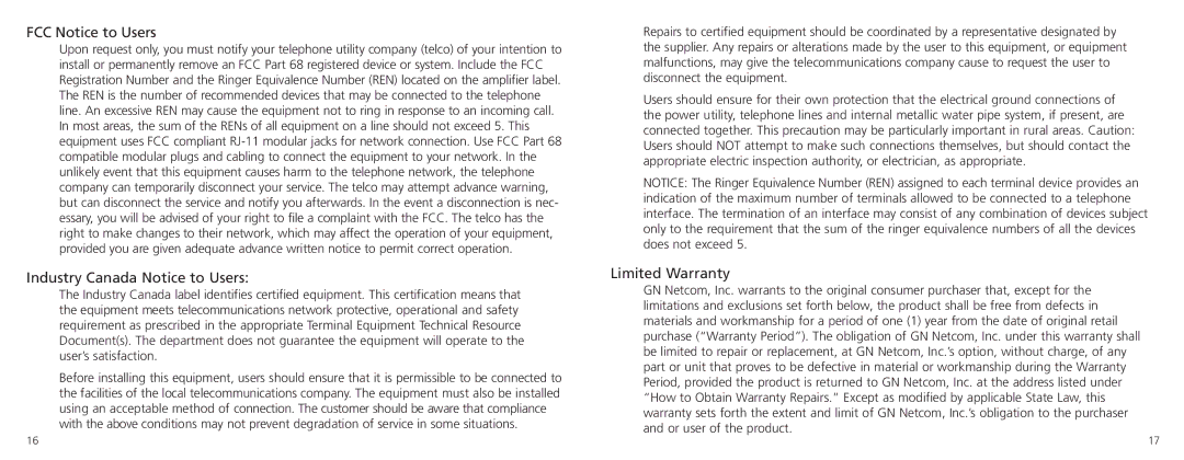 GN Netcom GN 4170 technical specifications FCC Notice to Users, Industry Canada Notice to Users, Limited Warranty 